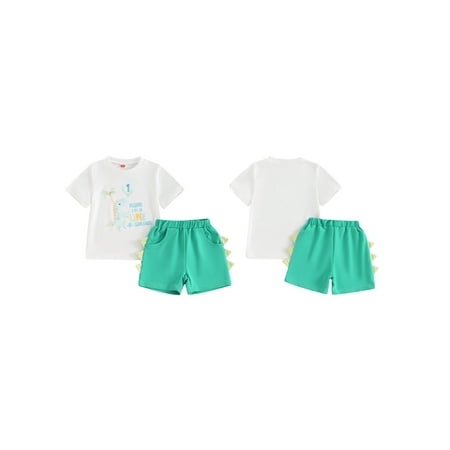 

Baby Sweetie Toddler Boys Summer Shorts Sets Short Sleeve Letter Dinosaur Print Tops and Green Shorts Sets 0-3 Years