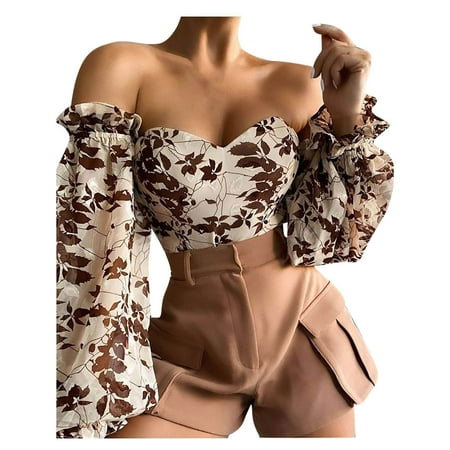 

YYDGH Womens Off Shoulder Lantern Sleeve Ruffle Corset T-Shirts Floral Printed Bandeau Crop Tops 90s Streetwear Brown XXL