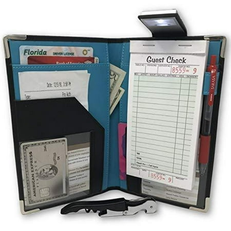 Restaurant Server Pagers Waitress Server Book Wallet Organizer – Bundled with Wine Opener & Reading Flashlight – Blue 10 Pocket Waiter Pad for Restaurant Waitstaff – Fits Apron and Holds Receipts Money G ()