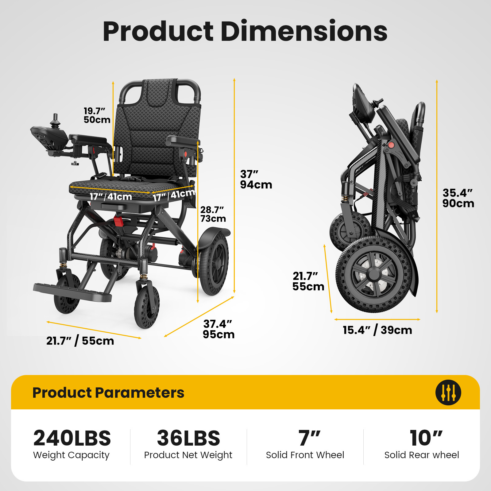 Joreek Lightweight Electric Wheelchair 15 Miles Range,up to 300lb, 17.5" Padded Seat,All Terrain Foldable Motorized Wheelchairs for Seniors