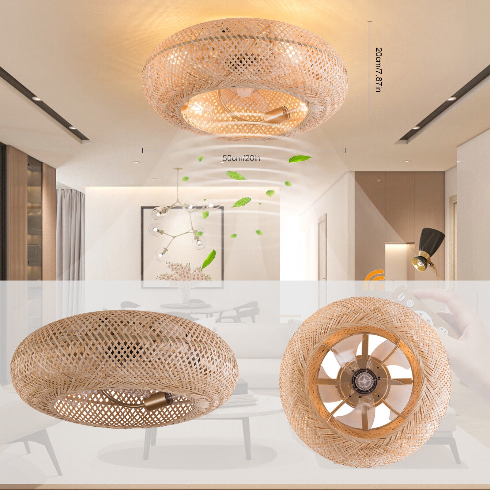 Miumaeov Wicker Rattan Ceiling Lamp Farmhouse Ceiling Fan Light Fixture Vintage Woven Rattan Caged Chandelier with Remote Control Low Profile 6 Speed for Bar Hotel Kitchen Island Bedroom