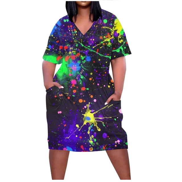 Pisexur Robes d'Été pour Femmes Mode Multicolore à Imprimé Floral Robe Soleil Décontractée Ample à Col en V à Manches Courtes Robes T-Shirt Fluides Surdimensionnées Robe Soleil avec Poches Grande Taille Robe Midi G-5TG