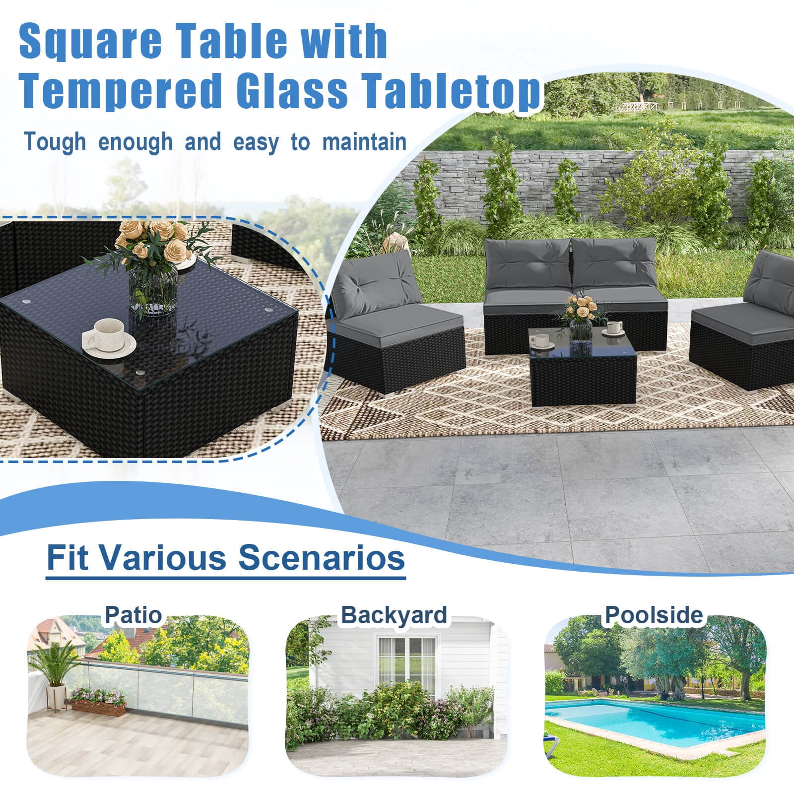 Costway 5 Piece Outdoor Furniture Set with Seat & Back Cushions  Tempered Glass Tabletop Gray