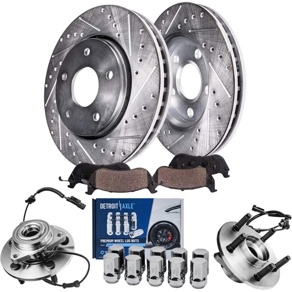 Detroit Axle - Front Drilled & Slotted Rotors Brake Pads Wheel Hub Bearings w/10pc Lug Nuts Replacement for 2006-2009 Dodge Ram 1500 5 Lugs - 8pc Set