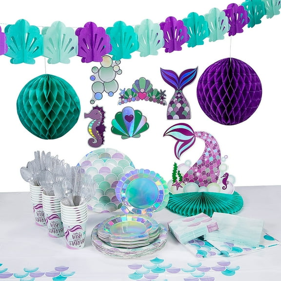 Mermaid Sparkle Tableware Kit for 24 Guests, Party Supplies, Birthday, 213 Pieces