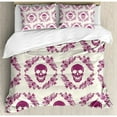 thumbnail image 3 of Sugar Skull Duvet Cover Set, Monochrome Style Calavera Inspired Surround by Circular Floral Wreath Print, Decorative 2 Piece Bedding Set with 1 Pillow Shams, Twin Size, Fuchsia Cream, by Ambesonne, 3 of 3