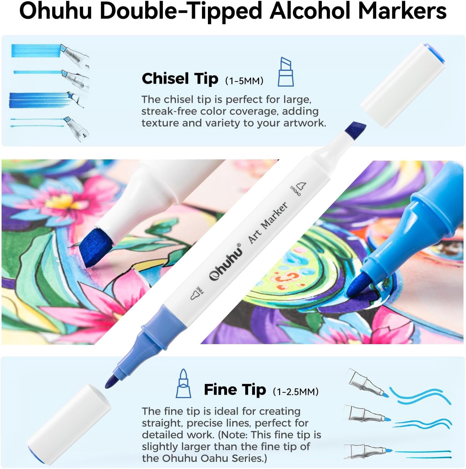 Ohuhu 48-color Double Tipped Chisel & Fine Alcohol-Based Art Marker Set for Adults Coloring Illustration