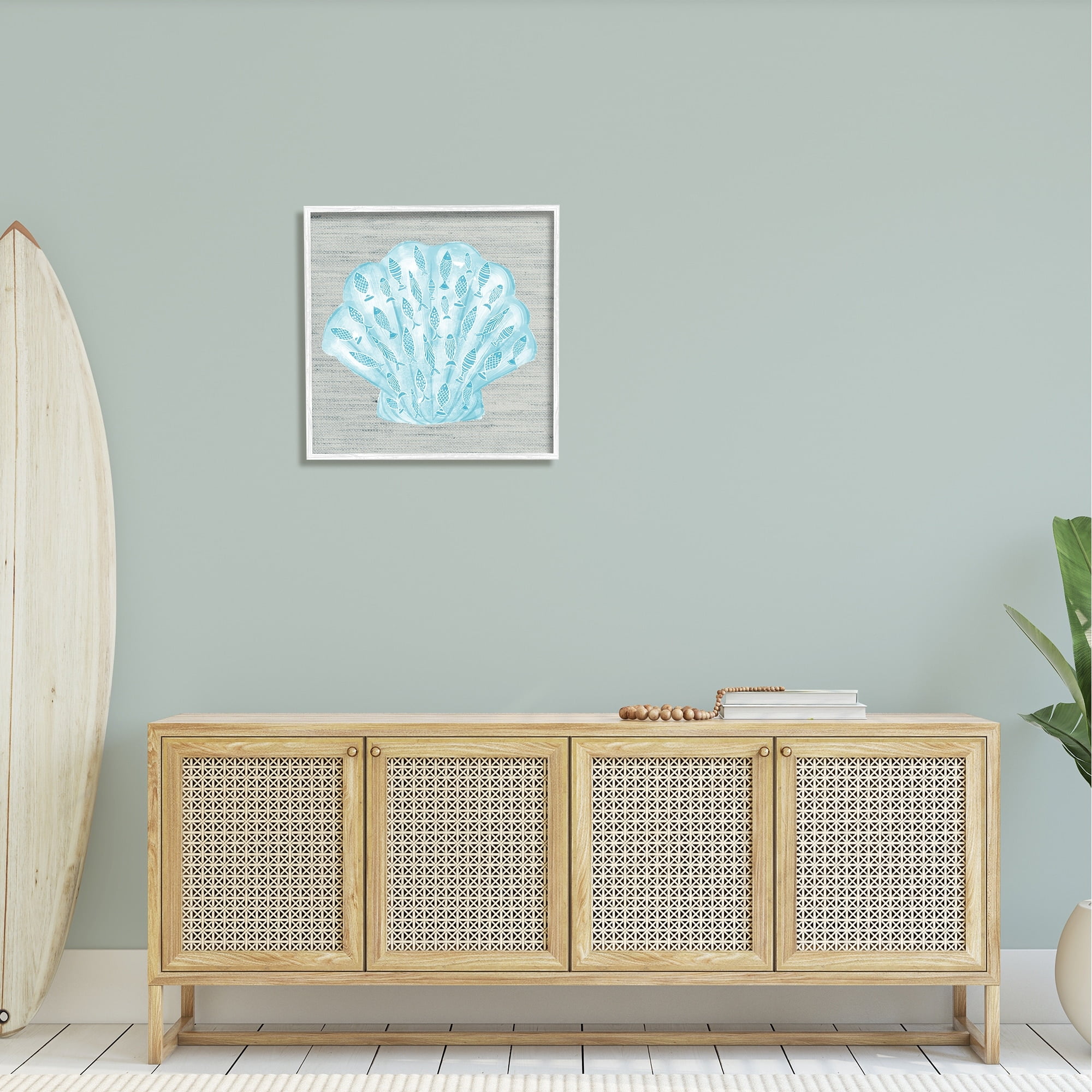 Stupell Industries Blue Clam Shell Patterned Fish Motif Sea Life Graphic Art White Framed Art Print Wall Art, Design by Ziwei Li