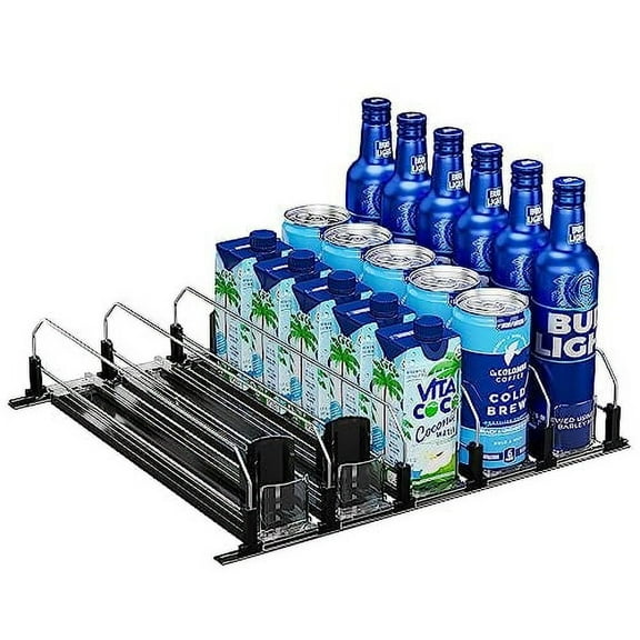 Puricon Drink Organizer for Fridge Pusher Glide, Spring Loaded Fridge Drink Dispenser, Self Pushing Soda Can Organizer for Refrigerator, Beer Bottle Beverage Organizer Drink Holder -5 Rows, Black