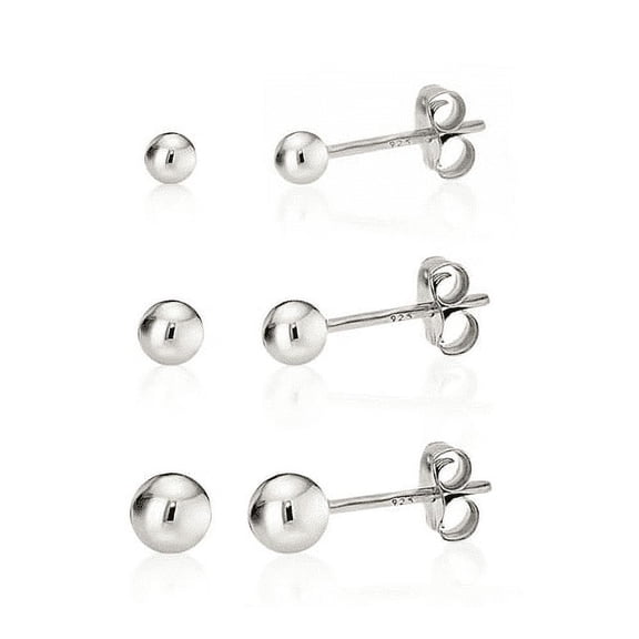925 Sterling Silver High Polish Smooth Round Ball Stud Earring 3-Size Set - 2mm, 3mm, 4mm - Hypoallergenic
