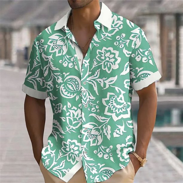 Camisa hawaiana de manga corta con botones y estampado floral y plumas transparentes para hombre Camisa con solapa y botones Material suave y cómodo XS-5XL