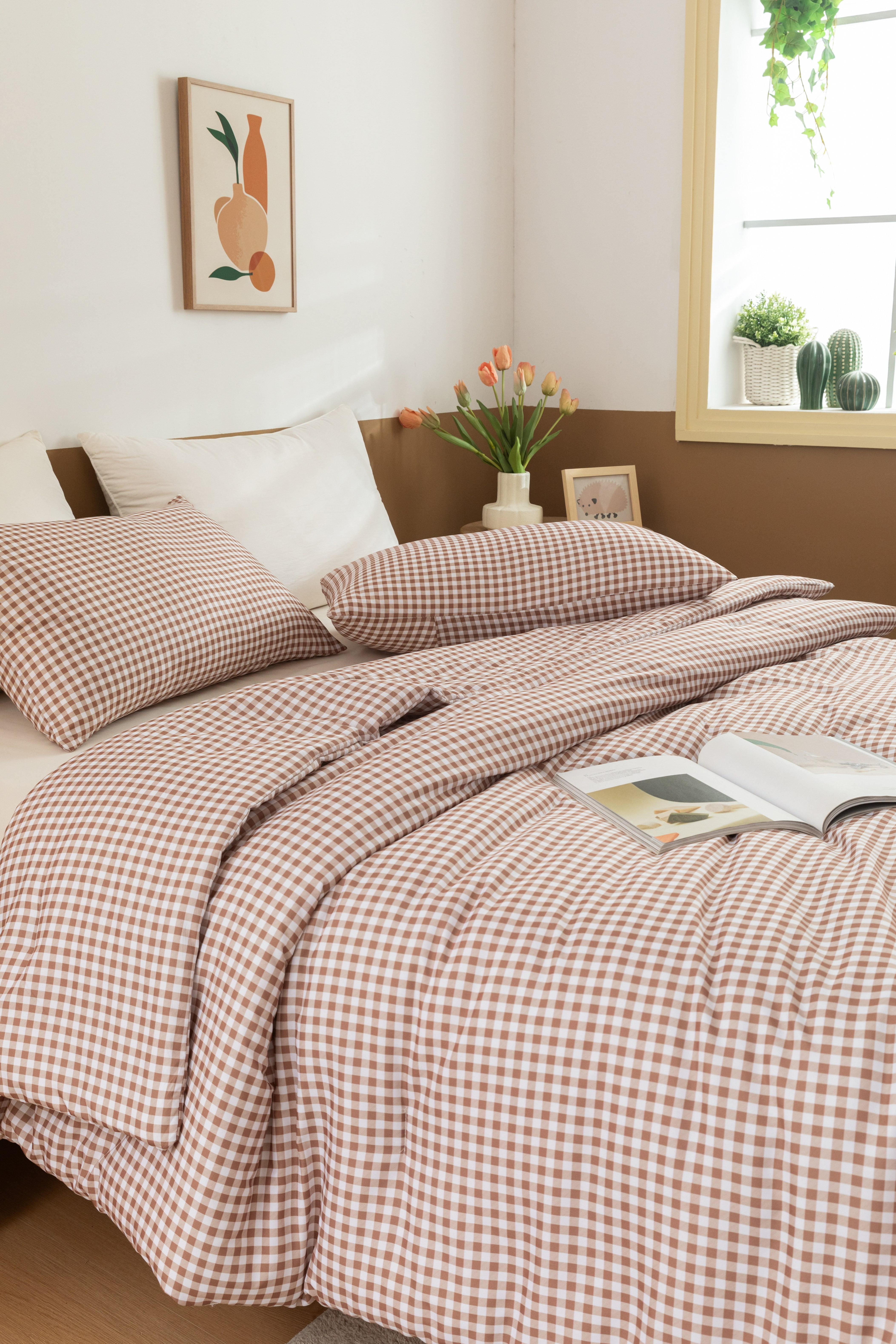 JJCOITR Boho Tan Gingham Full Comforter Set Modern Style Taupe Plaid Buffalo Bedding Set Checked Bed Set 3 Pieces for All Season