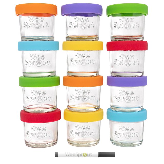 Juego de 12 tarros de cristal para alimentos de bebé, tarros de 4 onzas con tapas, almacenamiento en congelador, pequeños recipientes de cristal reutilizables para alimentos de bebé, aptos para microondas y lavavajillas, para bebés y bebés Variedad brillante de 4 onzas (tapas de silicona + vidrio en relieve)