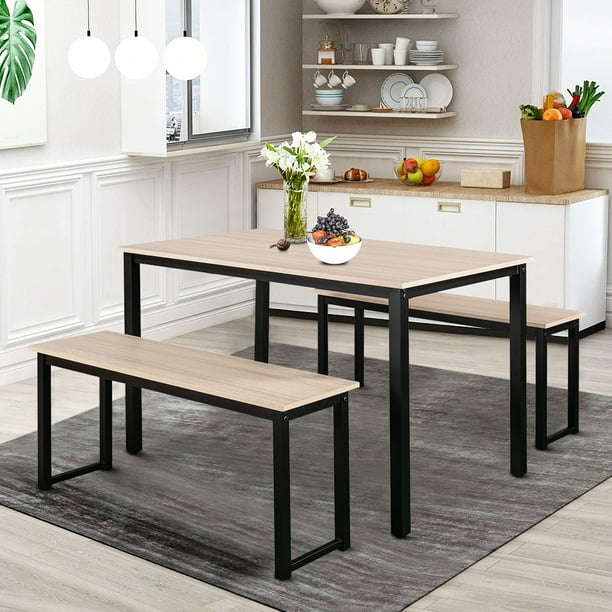Kitchen Table Set With 2 Benches 3 Pieces Farmhouse Dining Room Small Sets Metal Frame And Mdf Board Beige Modern Furniture For Home Cafeteria Ll332 Farmhouse Dining Room Table Set, Modern Farmhouse Dining Table Set With Bench