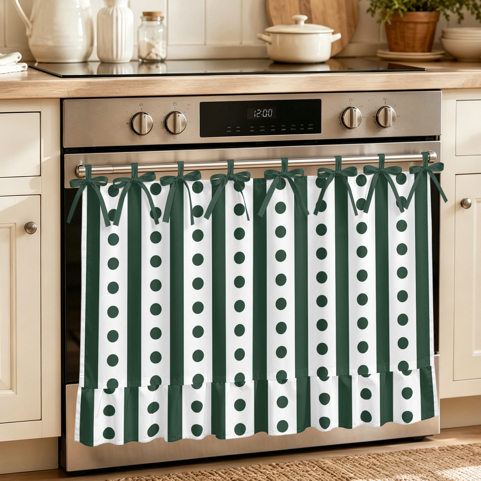Oven Curtain for Kitchen Green Striped Polka Dots Stove Curtain With Ruffled Trim Dishwasher Curtains Modern Minimalist Art Oven Skirt 32 x24