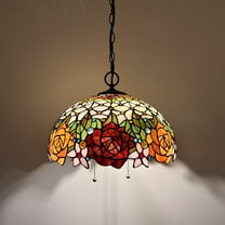 Tiffany Pendant Lights Fixture Red Orange Stained Glass Rose Flowers LED Bulb Included for Dining Room Hotel Restaurant Cafe 16"W*16"D*75"H