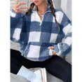thumbnail image 4 of Women's Plaid Long Sleeve Zipper Fleece Sweatshirt Pullover Jacket Coat with Pockets Blue XL, 4 of 8