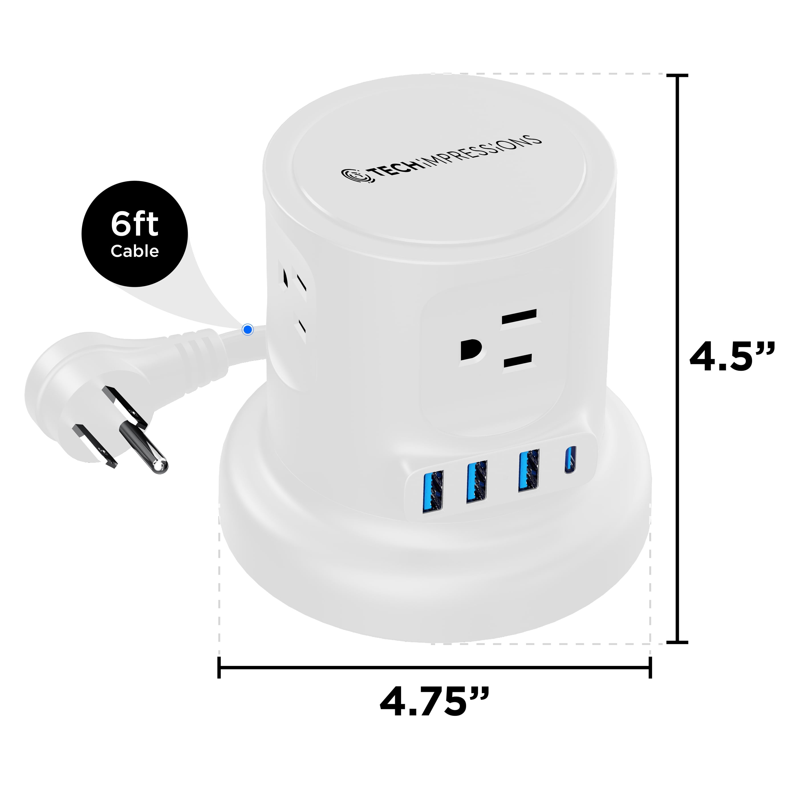 Retractable Power Strip Tower, 8-in-1 Surge Protector with 4 AC Outlets, 2 USB-C, 2 USB-A, 6ft Auto-Retracting Cord, Fast Charging Charging Station, White