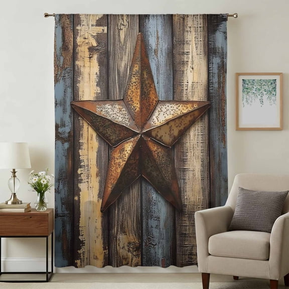 Retro Vintage Sheer Curtains 84 Inches Long, Chic Western Texas Star Pattern Wooden Light Filering Curtains, Breathable Simi Curtain Privacy Drapes for Living Room Bedroom Window Treatment