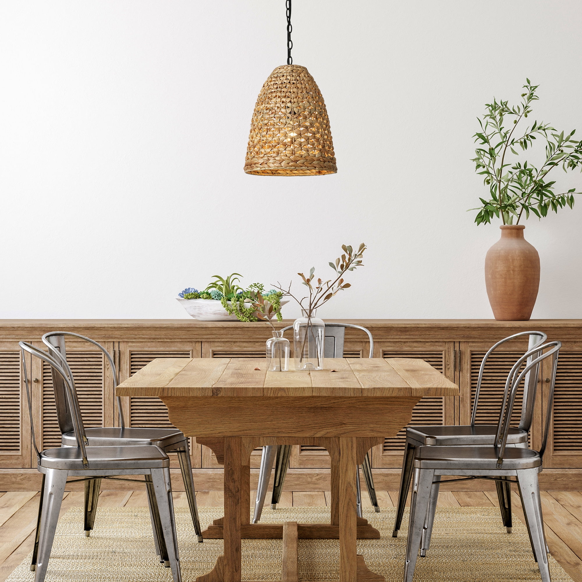 LNC Holophankton Black with Natural Brown Rattan Modern Bell Hanging Kitchen Island Light