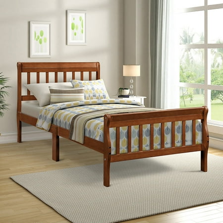 JRFOTOO Wood Platform Bed Twin Bed Frame Panel Bed Mattress Foundation Sleigh Bed with Headboard/Footboard/Wood Slat