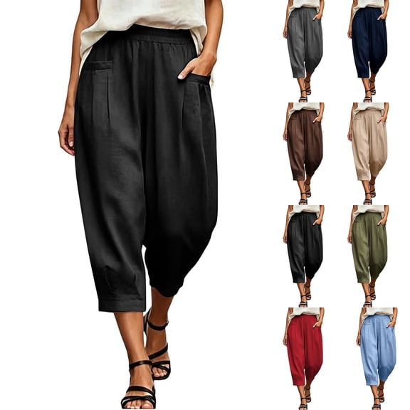 Tqyyweavej Harem Pants Women Elastic Waisted Comfy Balloon Pants Trousers Baggy Solid Color Capri Pants for Women with Pockets