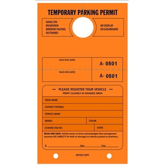 Temporary Parking Permit - Mirror Hang Tags, Numbered with Tear-Off Stub, 7-3/4" x 4-1/4", Bright Fluorescent Orange - Pack of 50 Tags (0501-0550)
