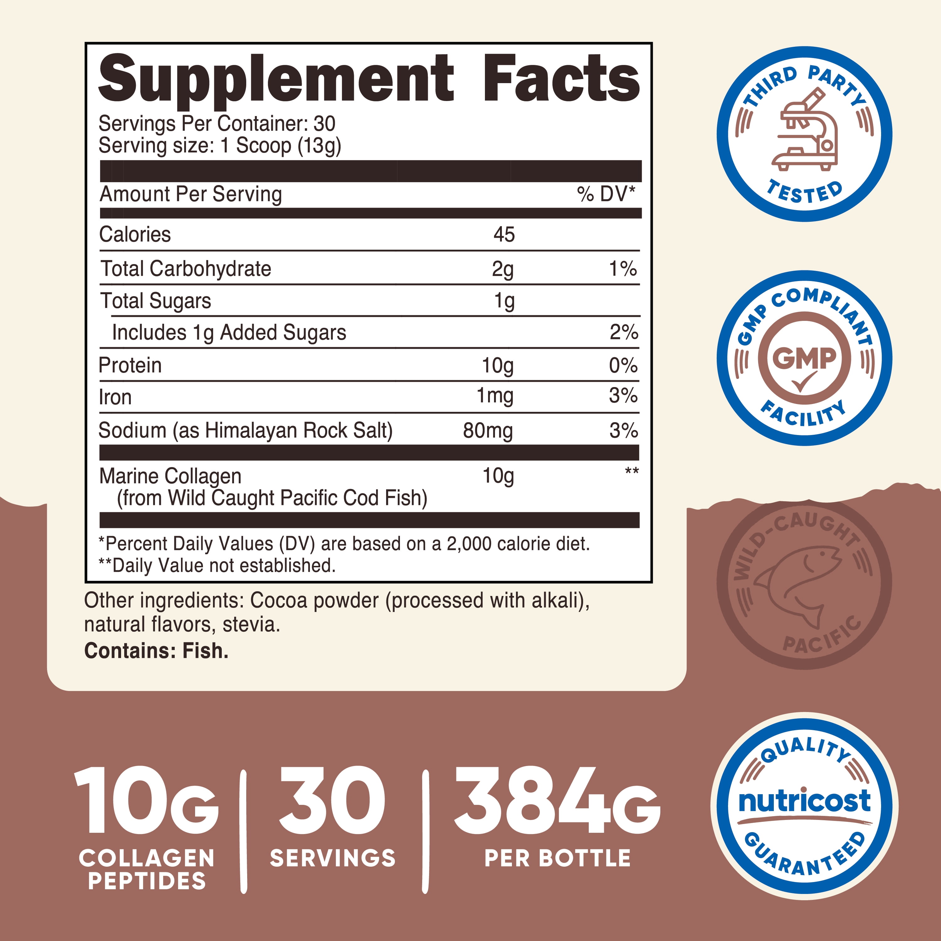 Nutricost Marine Collagen (Chocolate Flavor) 30 Servings - Collagen Supplement from Wild Caught Pacific Cod Fish
