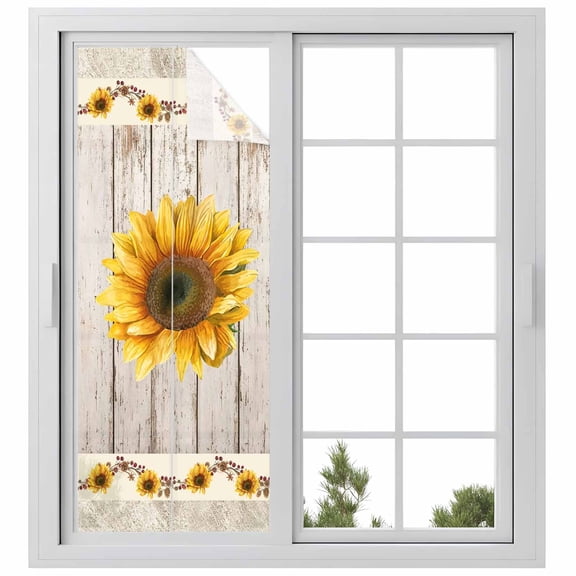 Vintage Sunflower Window Privacy Film, Wooden Yellow Summer Botanical Floral Retro Static Cling UV Sun Blocking Heat Control Window Tint Day and Night, Non-Adhesive One Way Privacy Cover 23.6''x59''