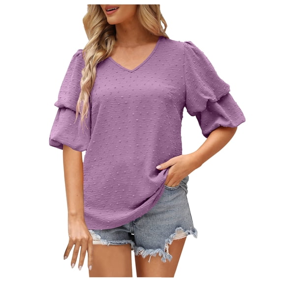 Bigersell Boho Tops for Women Summer Solid Color Double Puff Sleeve Blouses Summer Half Sleeve Dot Tops V-Neck T-shirts Blouse Plus Wraps Sweetheart Short Sleeve T Shirts Style B31806, Purple XXL