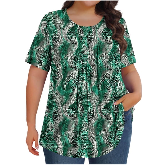 Plus Size Tops for Women Trendy Wrinkles Novelty Print Shirts Short Sleeve Crewneck Flowy Hem Loose Comfy T-Shirt Multicolor XX-Large