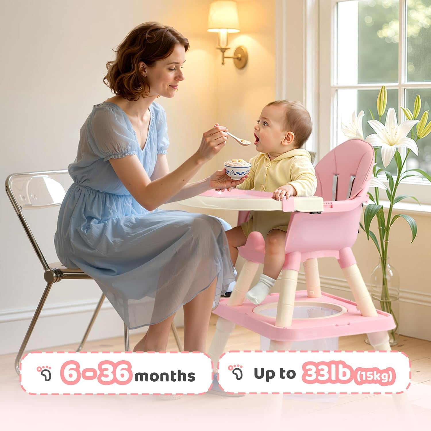 Zimtown Baby High Chair, 6 in 1 Convertible High Chairs for Babies and Toddlers, Portable Feeding Chair with 5-Point Safety Harness, Adjustable Dining Tray, Pink