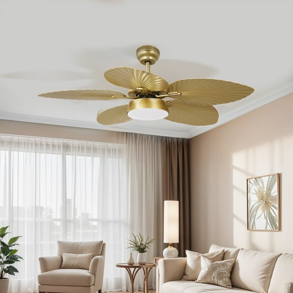 ModFusion 52" Gold Tropical Ceiling Fan with LED Light & Remote – Palm Leaf Blades, Quiet Reversible DC Motor Indoor/Outdoor