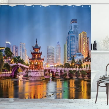 Ambesonne City Shower Curtain, China Cityscape at Dusk Time, 69"Wx84"L, Multicolor