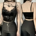 thumbnail image 2 of Women Black Velvet Camisole Gothic Punk Spaghetti Straps V-Neck Lace Crop Top, 2 of 19