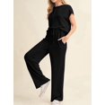 thumbnail image 4 of Women'S Two-Piece Casual Ribbed Knit Short-Sleeved Top, Wide-Leg Pants, Home Wear, Travel Sportswear Black M, 4 of 6