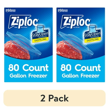 (2 pack) Ziploc Freezer Gallon Bag, School Supplies, Stay Open Design, Grip 'n Seal Technology, Reusable, 80 Count