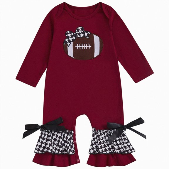 mgoYE Game Day Baby Girl Outfit Newborn Baseball Ruffle One Piece Jumpsuit Infant Spring Fall Cute Clothes(Wine,0-3 Months)