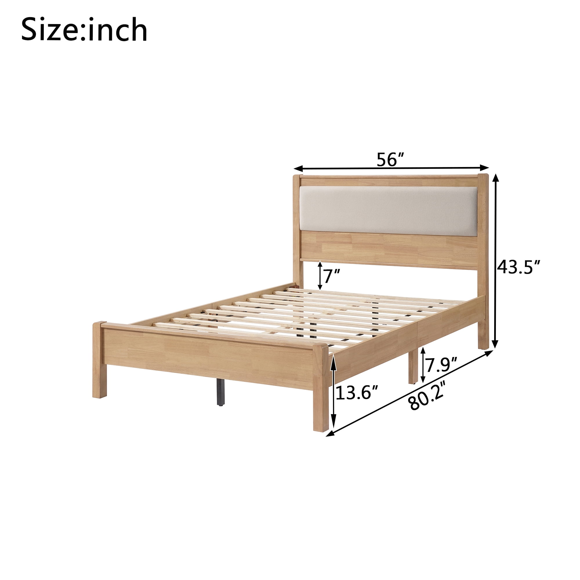 Miniyam Full Rubberwood Platform Bed Frame with Padded Upholstered Headboard, Natural