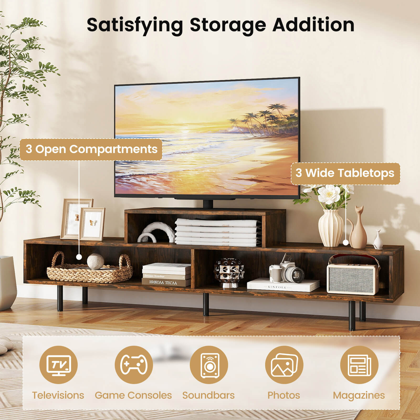 Costway TV Stand, 63” Long Entertainment Center with Open Storage Shelves for TVs up to 70” Rustic Brown