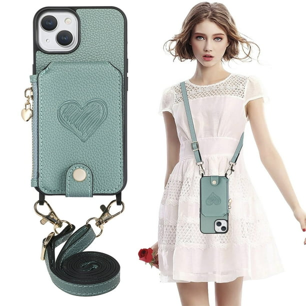 Funda de cuero con cadena de hombro para Iphone 14 Plus, 13, 12, 11 Pro Max, cartera con cremallera, tarjetas verticales, Solt, cordón, bolso cruzado Fivean unisex