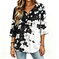 thumbnail image 2 of Asgosdo Women Tops Shirts Black White Ombre Floral Print Notched V Neck Decorative Button 3/4 Sleeve Loose Flowy Polyester Casual Blouses Multi Color Four Season Womens Tops, 2 of 5