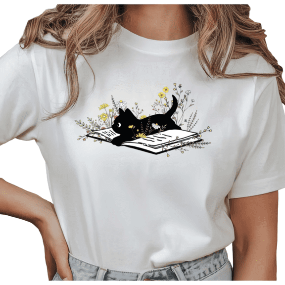 Women's Black Cat Reading Book With Wildflowers Aesthetic Graphic T Shirt Short Sleeve Round Neck Top White S-5XL