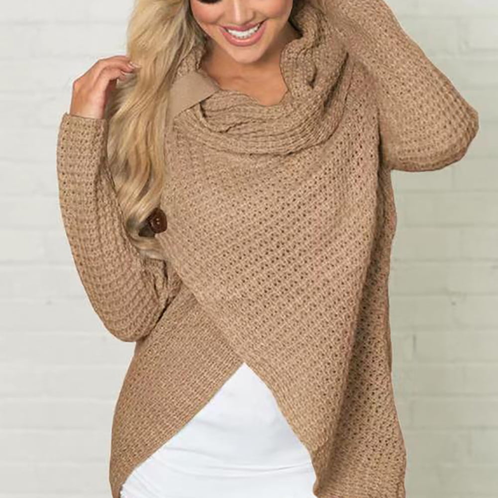 women's chunky turtle cowl neck asymmetric hem wrap sweater coat with button details