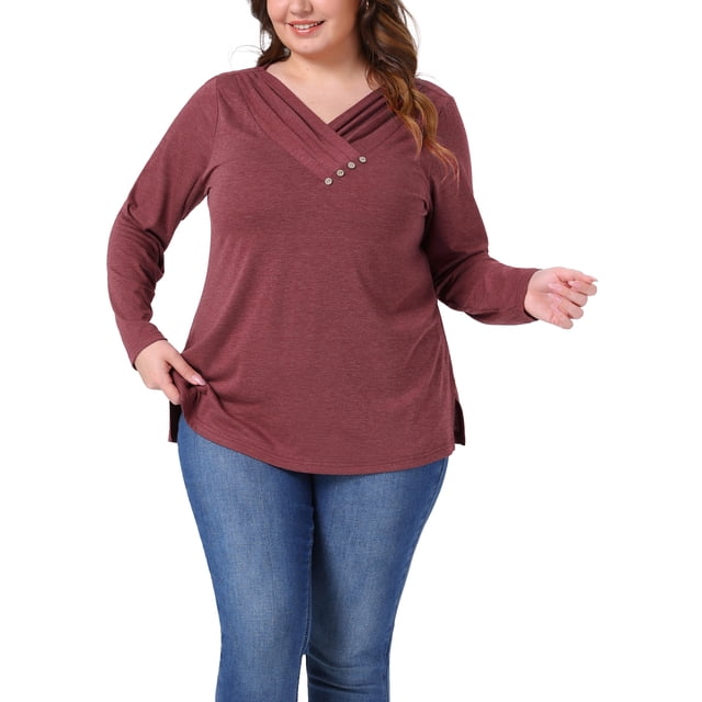 Tops de túnica de talla grande Agnes Orinda para mujeres, camiseta de pullover de manga larga, cuello en V, con botones, blusa suelta, 2X burdeos