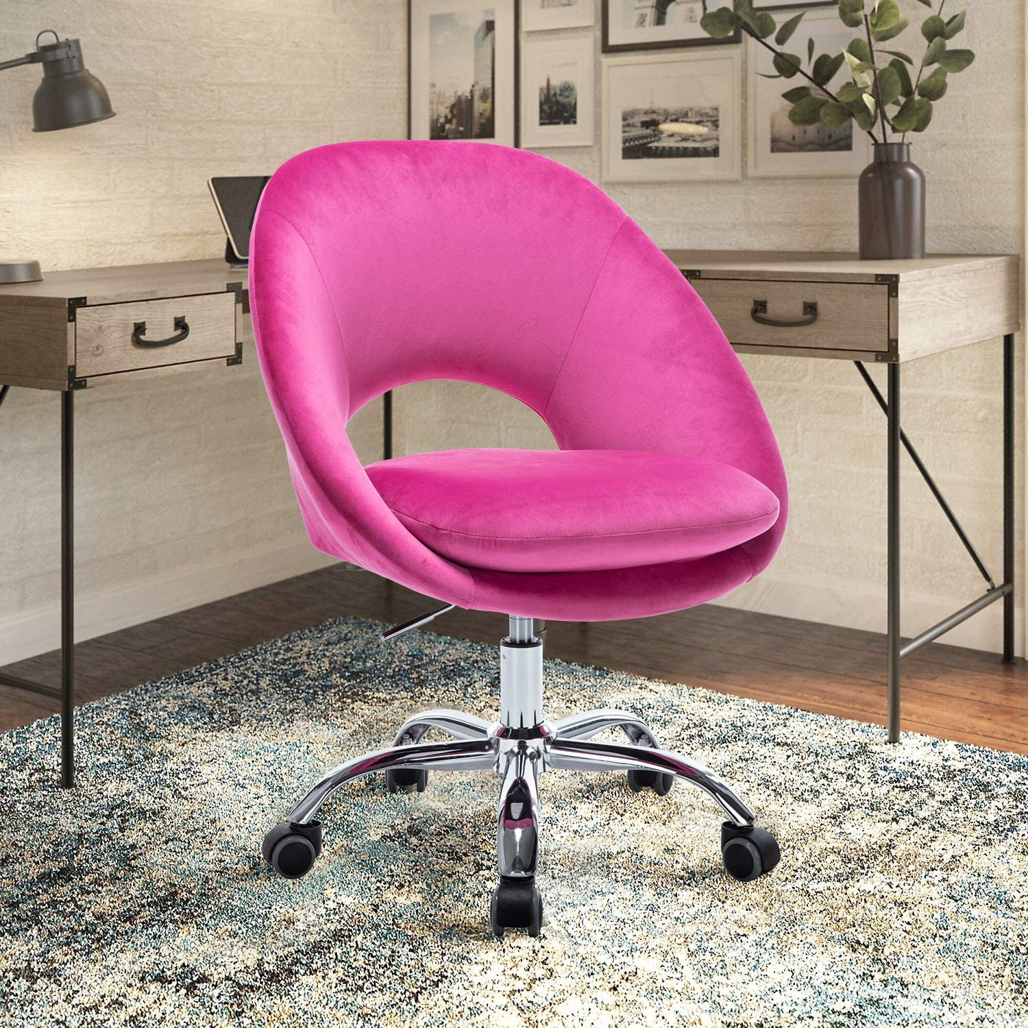 Home Office Chair, Modern Fuchsia Red Velvet Desk Chair,360°Swivel