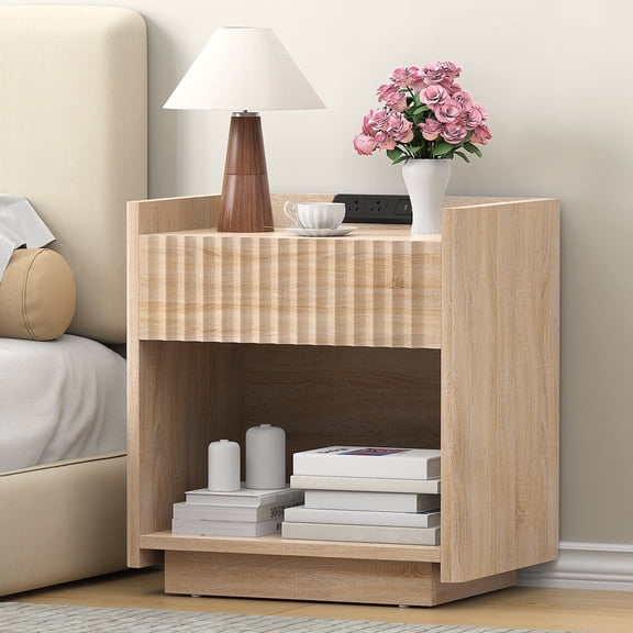 Frmobepts Fluted Nightstand with Charging Station, 22" Modern Side Table with Drawer End Table with Open Storage, Bedside Table for Bedroom, Living Room, Natural Oak