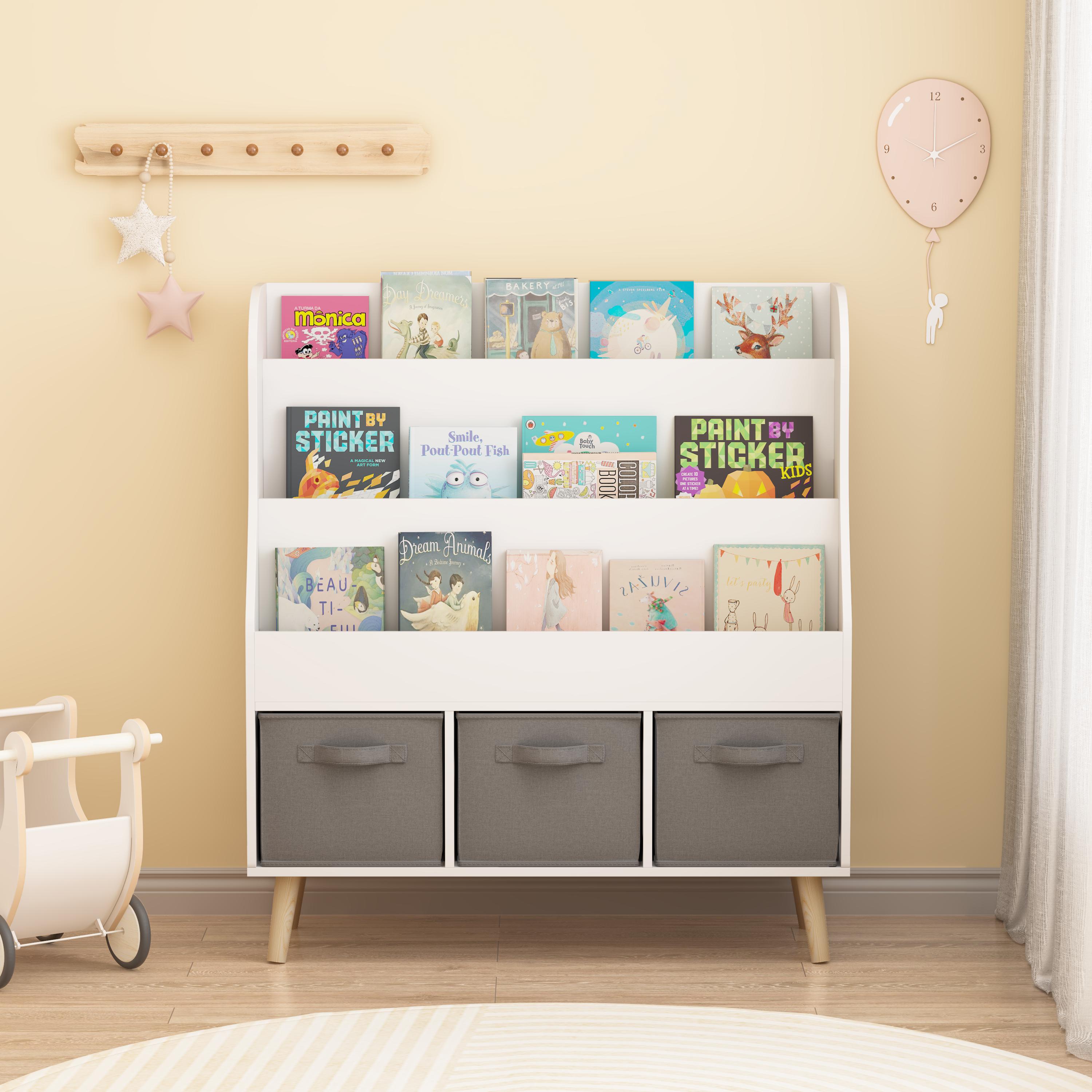 Yoneston Kids Bookshelf with 3 Fabric Storage Bins & 3 Tier Shelves, Wooden Book Rack with Solid Legs for Playroom Nursery Bedroom, White