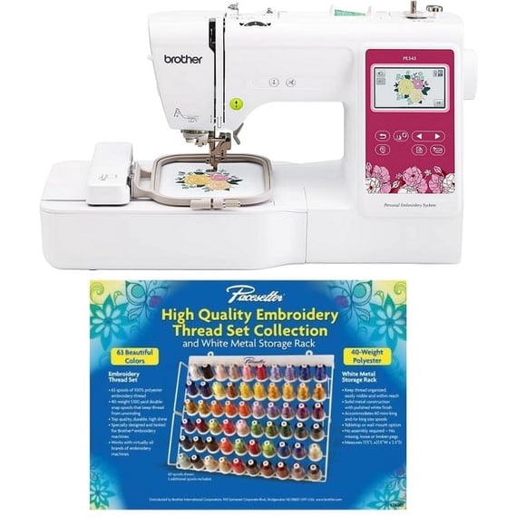 Máquina de Bordar Brother PE545 con LAN Inalámbrica, Área de Bastidor de 4" x 4", Pantalla Táctil de 3.7", Set de Hilos ETKS63 Pacesetter de 63 Colores