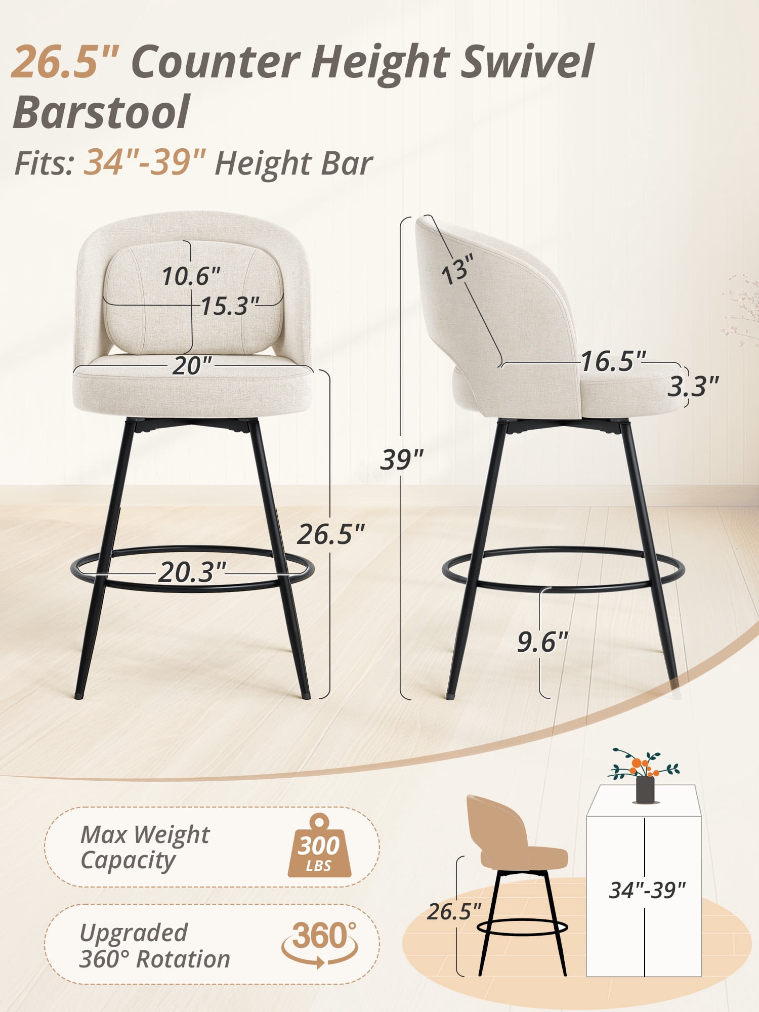 Carolayne 26.5" Swivel Bar Stools Set of 2, Modern Fabric Counter Height Bar stools with Back & Removable Cushion for Kitchen Island, Linen Color
